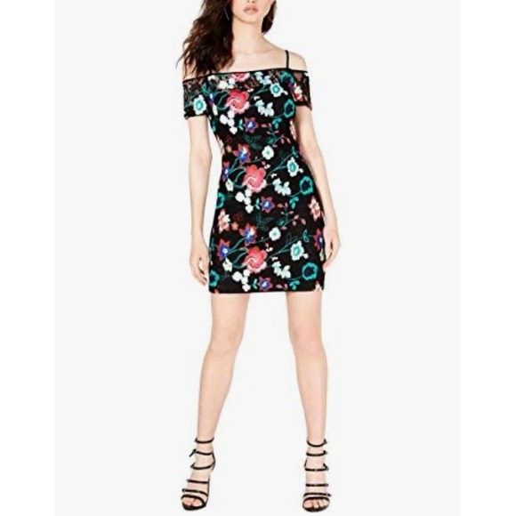 Guess Dresses & Skirts - Guess Women's Black Floral Embroidered Off The Shoulder Sheath Dress Size 0